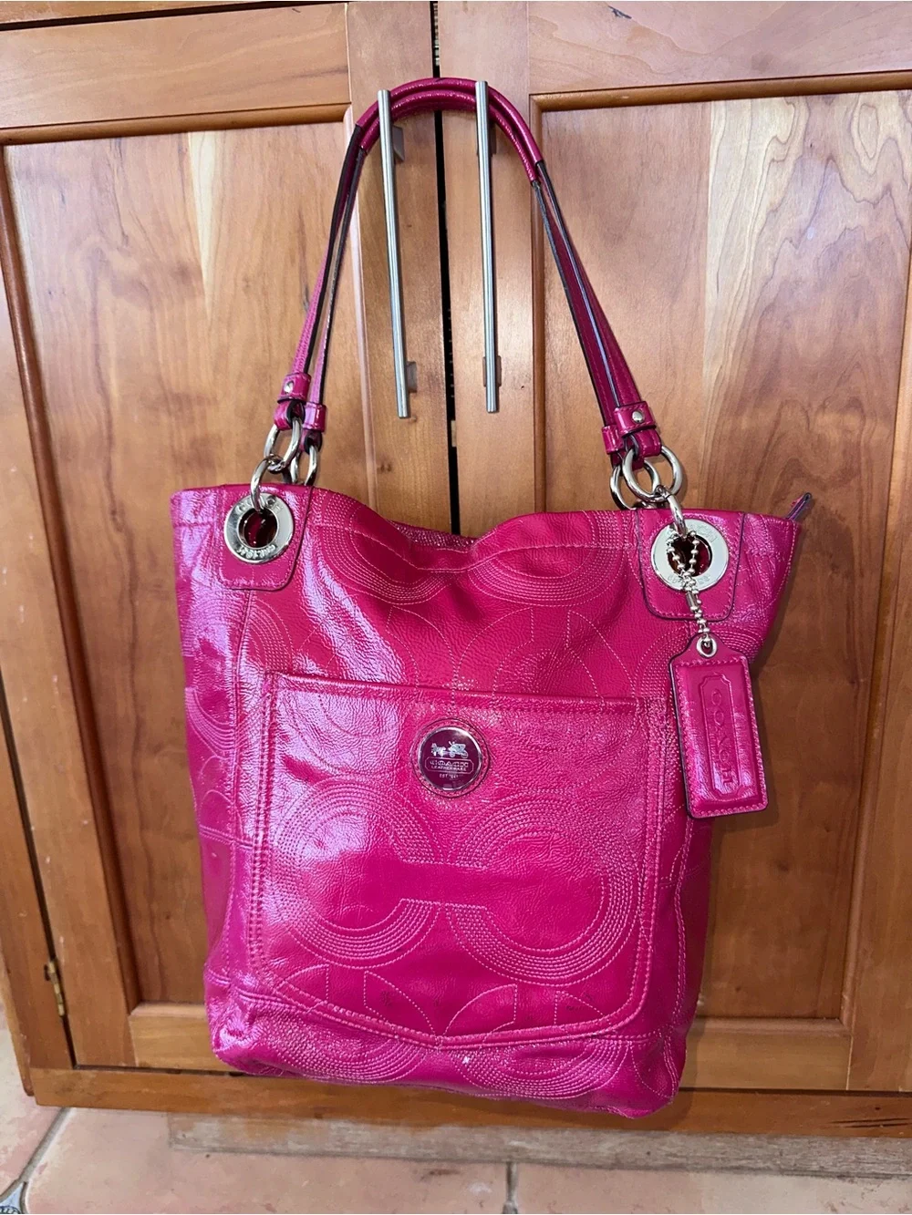 Coach Alex Fuchsia Pink Signature C Patent Leather Tote Shoulder Bag Y2K